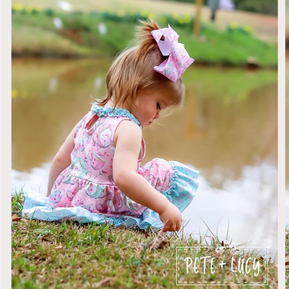 Pete + Lucy Cherry Blossom Tea Party Dress Pink & Blue Ruffle Dress, Size 6 - Picture 3 of 12